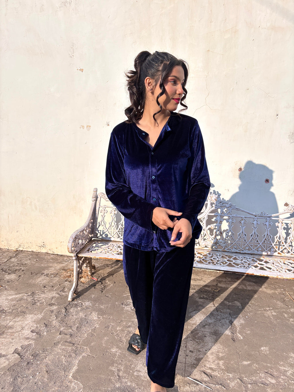 Blue Velvet Top + Wide Legs Pant