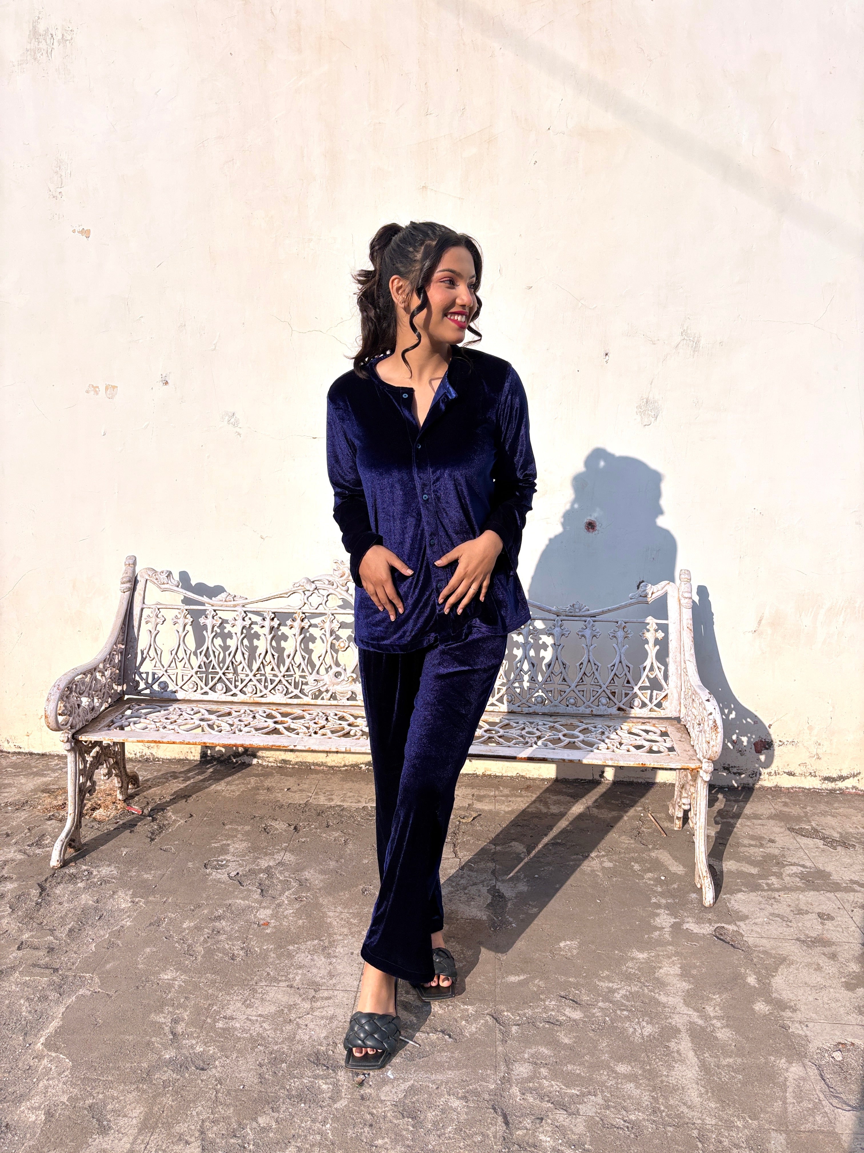 Blue Velvet Top + Wide Legs Pant