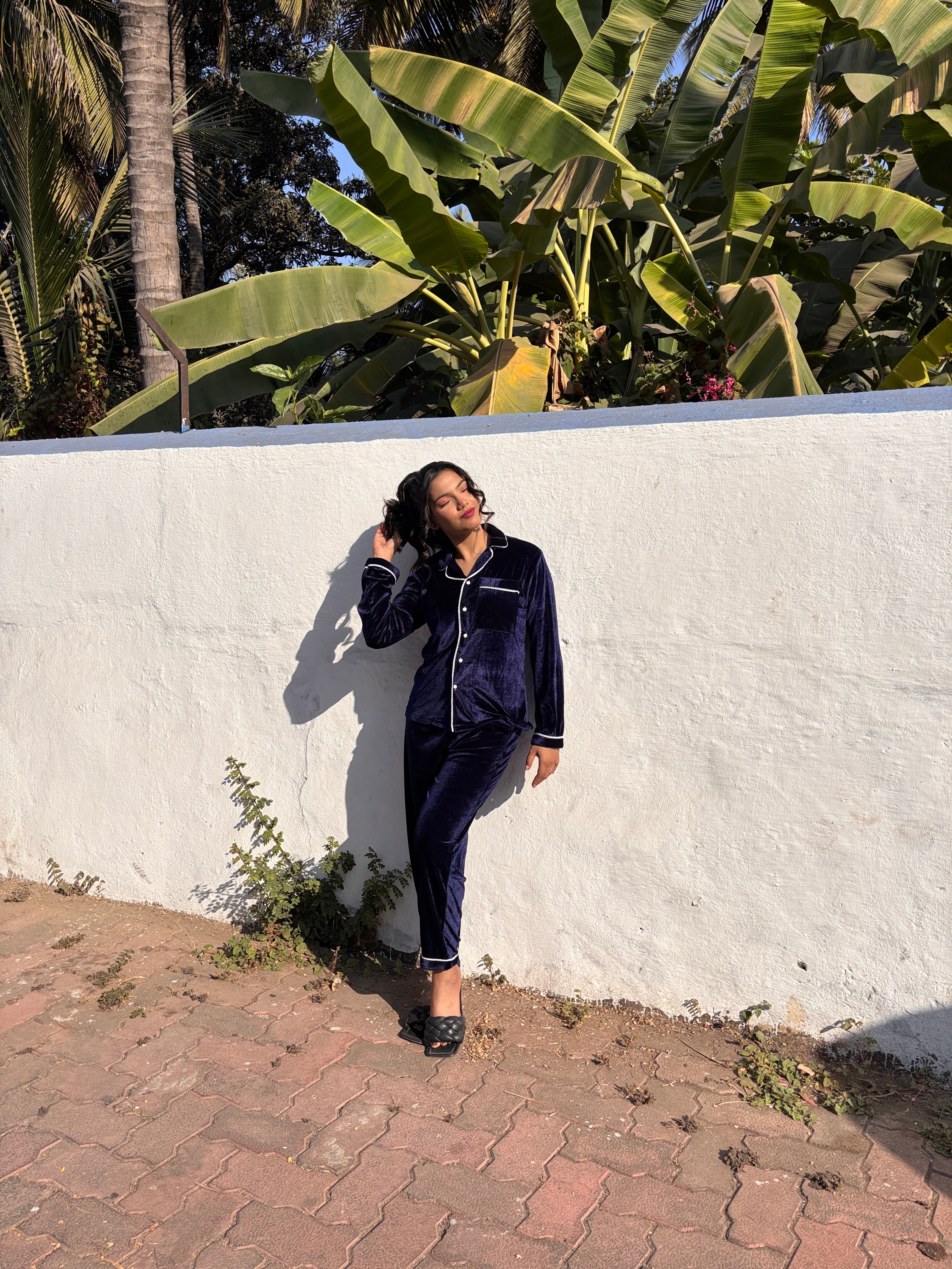 Navy Blue Velvet PJ Set