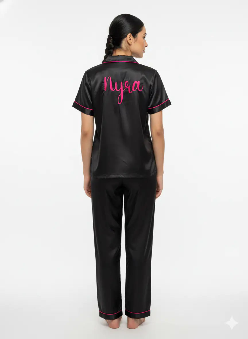 Black Personalise Satin Pj Set  | Prepaid Orders Only