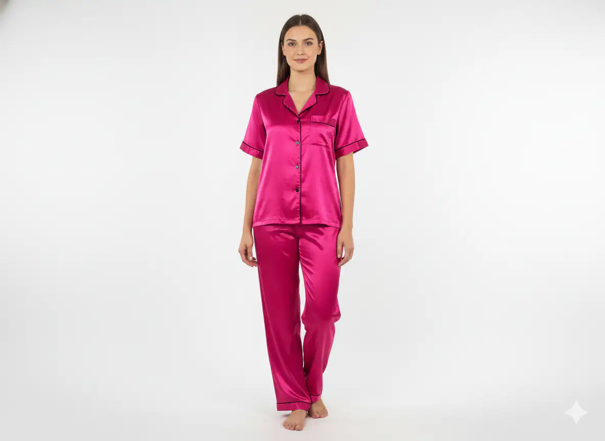 Magenta Bride Satin Pj Set  | Prepaid Orders Only