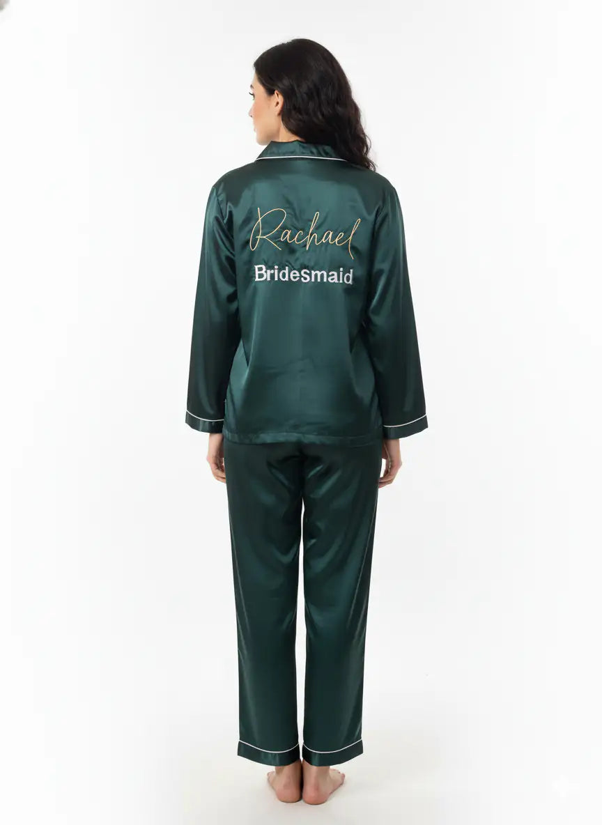 Dark Green Name + Bridesmaid Satin Pj Set  | Prepaid Orders Only