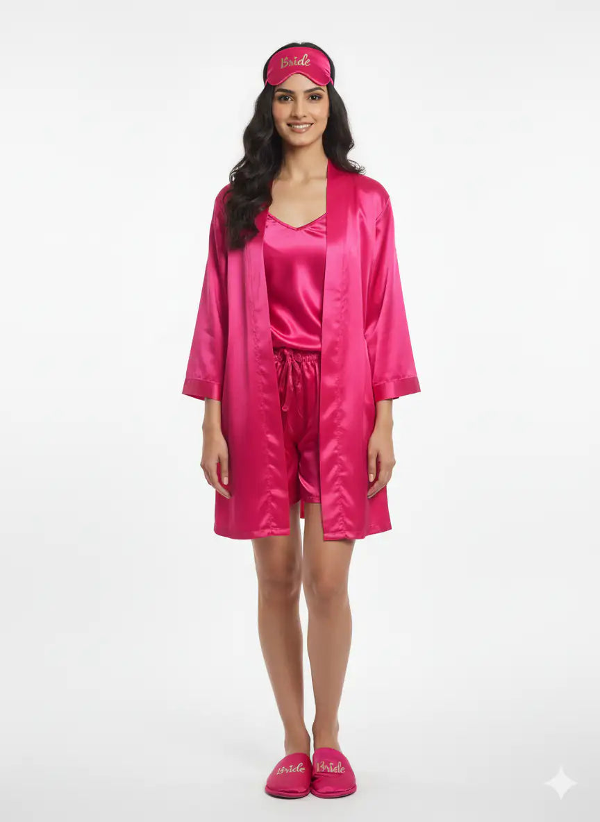 Magenta Personalise Robe + Slippers + EyeMask+ Camisole+ Shorts For Bride | Prepaid Orders Only