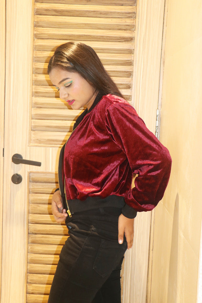 Wine Velvet Bomber Jacket